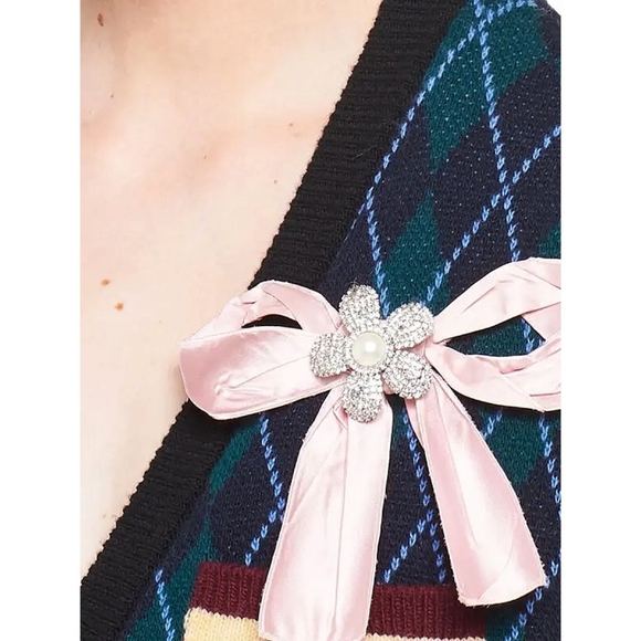 Miu Miu Preppy Argyle Ivy League Virgin Wool Pearl Bow Cardigan - Picture 5 of 13